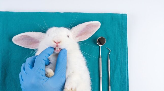 Veterinarian examining rabbit teeth. Vet checking oral health of a white bunny.