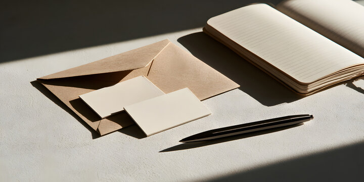 A clean minimalist branding stationery mockup on a light gray textured background, blank business cards, craft paper envelope, notebook, and a sleek pen with soft natural shadows, macro editorial prod