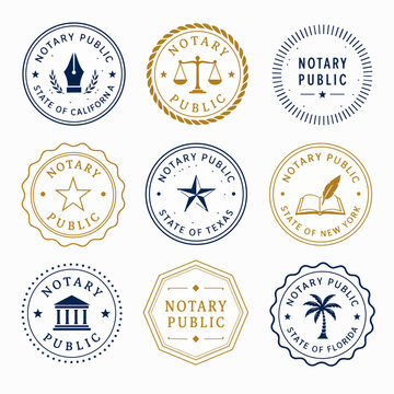 Nine notary public stamp and seal designs are displayed in gold and blue.