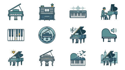 Detailed piano and classical music instrument icon set. © gudangPIXEL