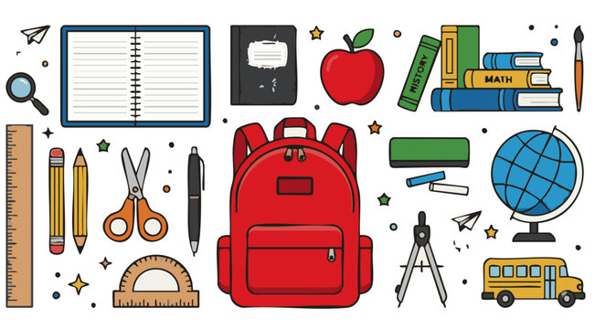 Set di icone vettoriali per il rientro a scuola: zaino, libri, cancelleria, scuolabus e accessori scolastici in stile flat isolati su sfondo bianco