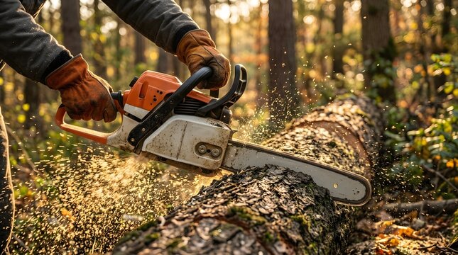Lumberjack operating chainsaw to cut large tree trunk in forest scenery.