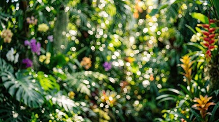 Fototapeta premium Lush Green Bokeh Background with Soft Natural Light. Blurred Tropical Foliage for Copy Space.