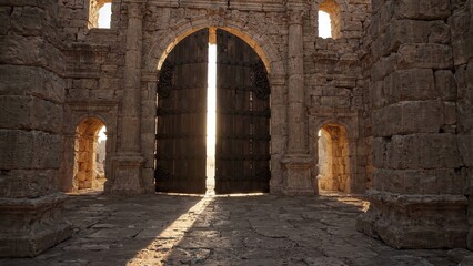 Fototapeta premium Ancient stone archway with large wooden doors partially open, revealing a sunlit pathway and distant structures in a historical site at sunset