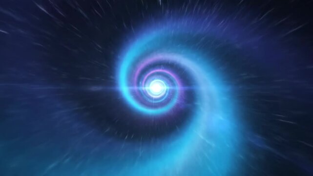 Abstract cosmic spiral tunnel in blue and violet gradients with central light glow, radiating starburst streaks and motion blur effect portraying deep space travel or wormhole.