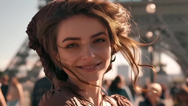 Paris, France, Europe. A closeup portrait of a young woman captured in a candid moment. She has a warm smile and her hair is blowing in the wind. The woman wears a brown.