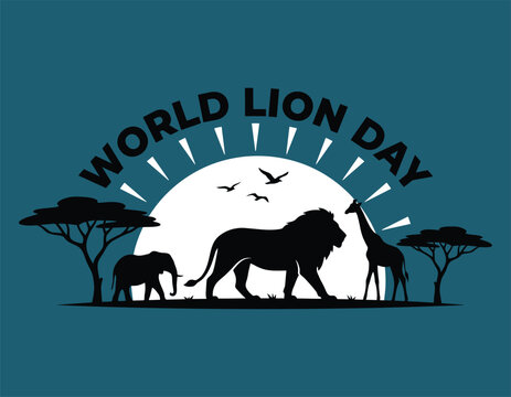 World lion day illustration with silhouette of lion, elephant, giraffe and acacia trees on sunset background