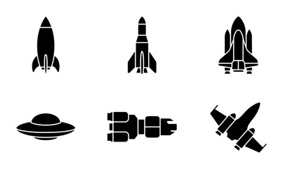 Spacecraft Icons, Rocket Ship Silhouettes, UFO Flying Saucer Vector Set © Tanvir