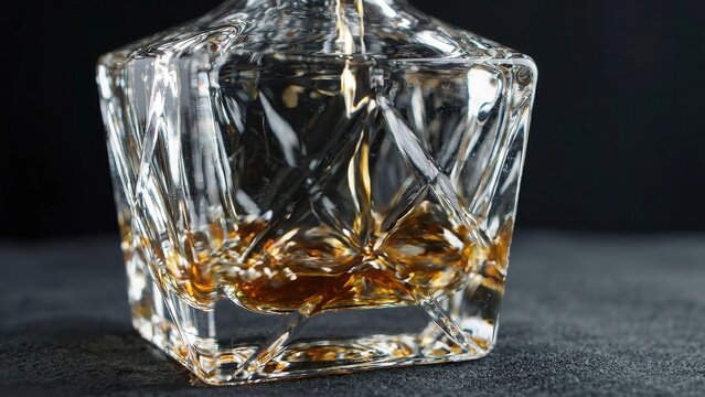 Glass decanter pouring amber liquid into a crystal glass, showcasing the rich color and texture of whiskey against a dark background