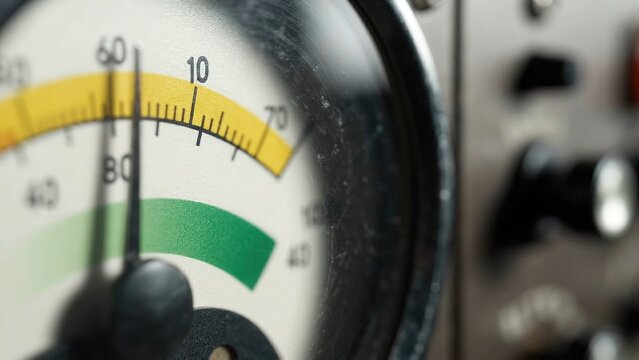 Close-up view of analog gauge showing needle movement from green to yellow section, indicating measurement change in a mechanical device with metallic background