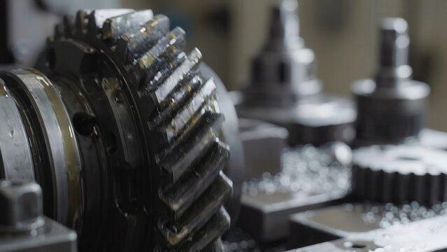 Close-up view of rotating gear mechanism with visible oil and metal shavings, showcasing intricate details of machinery in an industrial workshop setting