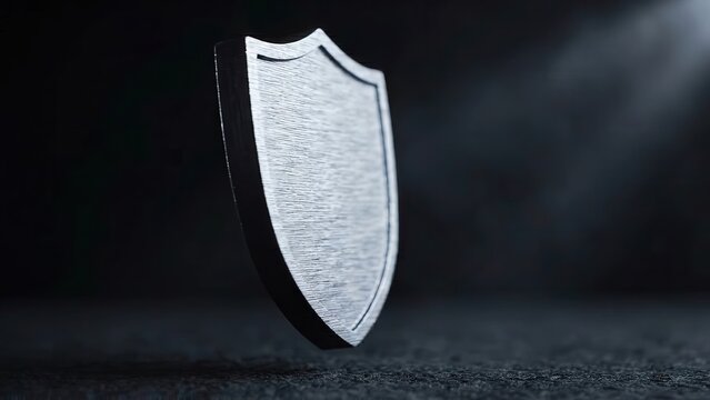 Metallic shield emblem with a brushed texture gradually rotates against a dark background, showcasing its reflective surface and intricate design details in a continuous motion sequence