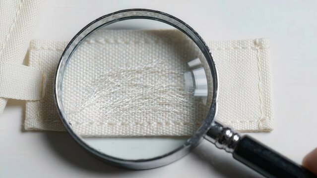 Close-up view of magnifying glass examining fabric texture on a white textile swatch, showcasing intricate details of the woven material under clear lighting conditions