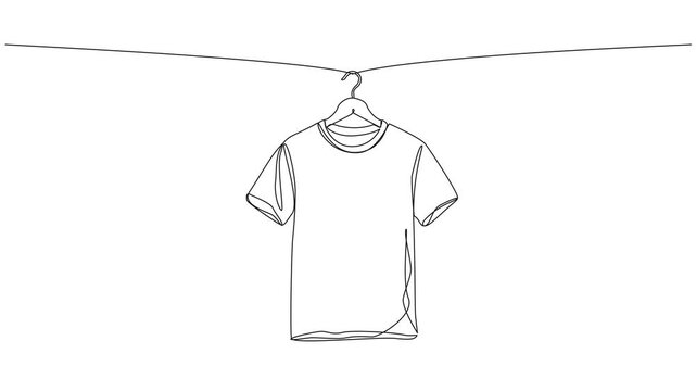 animated continuous line drawing of a t-shirt hanging on a clothesline on a hanger, minimalist line art animation