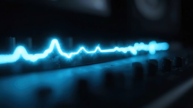 Blue sound wave visualization on audio mixer surface with knobs and buttons, showcasing dynamic audio levels in a modern studio environment