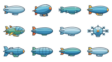 Assorted airship and dirigible blimp vector designs. © gudangPIXEL