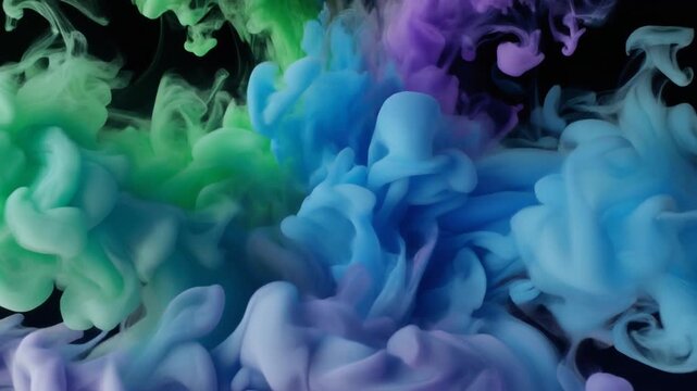 Soft green, blue, and purple ink clouds intertwining fluidly in dark water, forming ethereal plumes and smooth gradients of motion.