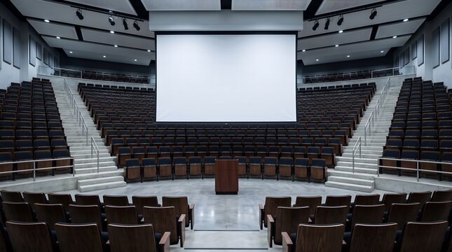 Large modern lecture hall interior with empty rows of seating, a wooden podium, and a blank projector screen