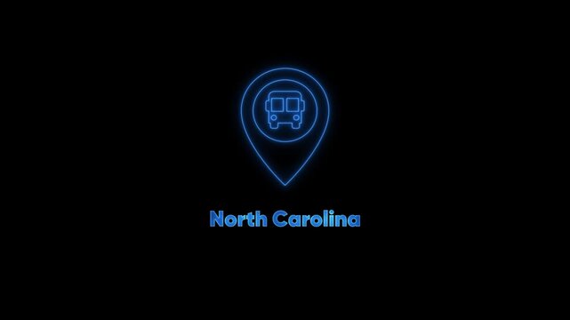 North carolina bus station location map pin neon sign animation for travel and transport