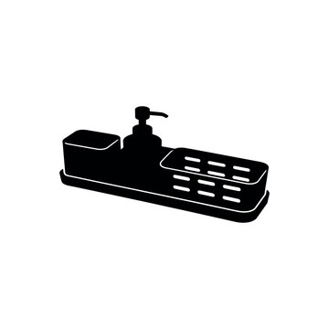 Black silhouette of a bathroom sink soap dispenser and sponge holder tray