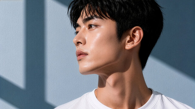 Side profile portrait of young Korean man in white t-shirt against blue wall with window shadow