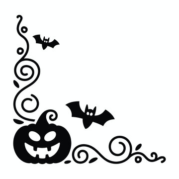 Halloween Swirl Corner Decorative Border elements, with Bats and Pumpkin silhouettes, elegant vines designed for invitation greeting cards

