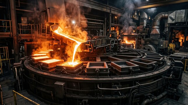 Copper Anode Casting Wheel With a White Hot Stream of Molten Metal Pouring Into Rotating Moulds Inside a Dark Smoky Smelter Hall Metallurgy and Heavy Industry