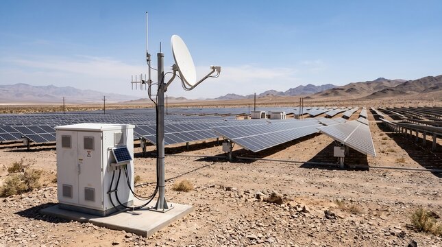 Outdoor Edge Computing Cabinet With a Small Solar Panel and a Mast Carrying a Parabolic Dish and Antennas Standing in Front of a Desert Photovoltaic Array Remote Technology