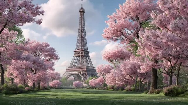 Paris, France, Europe. A vivid portrayal of the Eiffel Tower, a famous landmark in Paris, France. The eiffel tower stands majestically against a clear blue sky with fluffy white clouds.