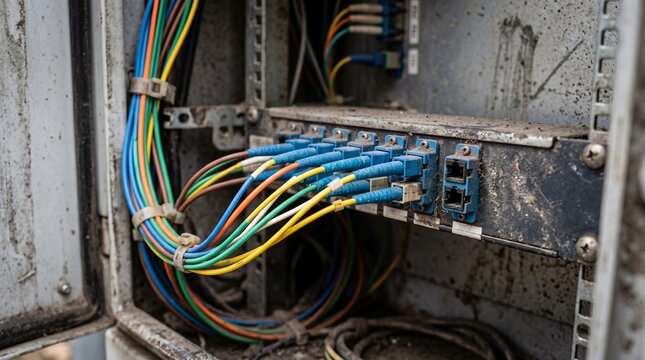 Shallow Depth Close Up of Blue Fiber Optic Adapters and a Gathered Loop of Coloured Patch Cords Inside an Open Weatherbeaten Grey Street Cabinet Network Infrastructure