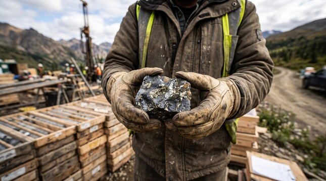 Geologist in a Mud Stained Canvas Jacket and Leather Gloves Cupping a Dark Sulphide Ore Chunk Flecked With Brassy Gold Beside Stacked Core Trays at a Drill Site Mining Industry