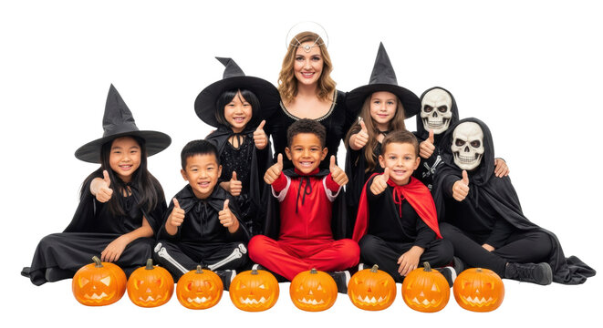 high-key studio portrait of seven smiling, multi-ethnic people (adult sorceress, six costumed children) giving thumbs-up, isolated on white with glowing jack-o'-lanterns foreground Concept of joyful