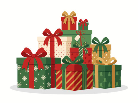 A large pile of colorful Christmas gift boxes with ribbons and bows.
