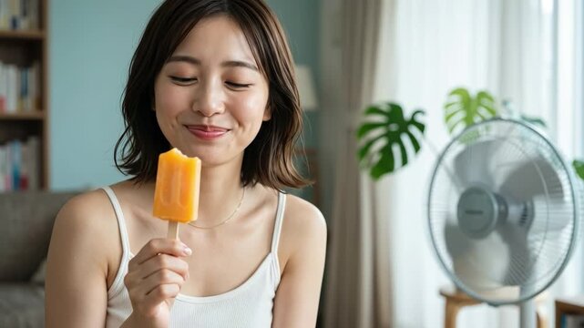 扇風機の前でアイスキャンディーを舐めて涼み笑顔を見せるキャミソール姿の女性