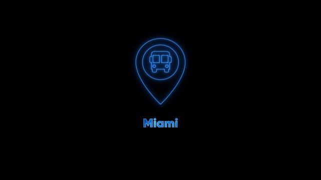 Miami bus station neon sign animation: travel navigation and public transport concept desi