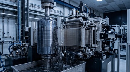 Fototapeta premium Close Up of a Multi Wire Saw Slicing a Dark Grey Cylindrical Silicon Ingot With Dozens of Taut Diamond Wires Fanning Down and Grey Slurry Sheeting Into a Tray Semiconductor Technology