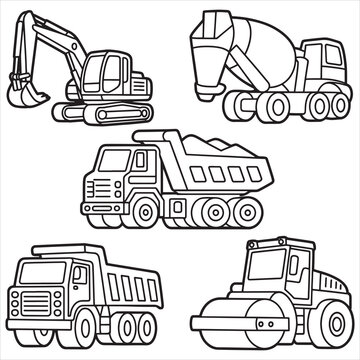 Set of construction vehicles including excavator cement mixer dump truck and road roller for children coloring book page