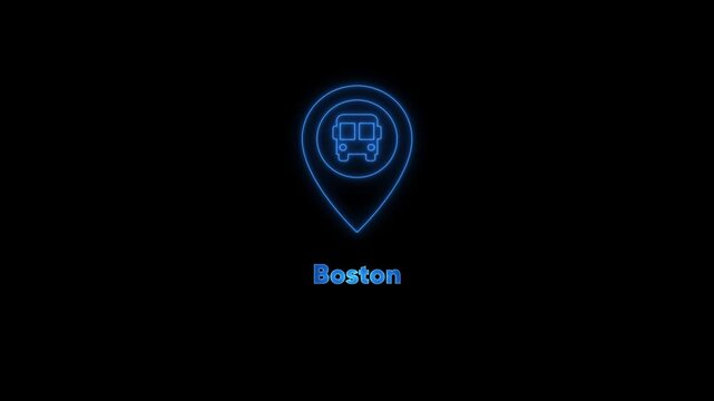 Boston bus station neon sign animation: public transportation map pin motion