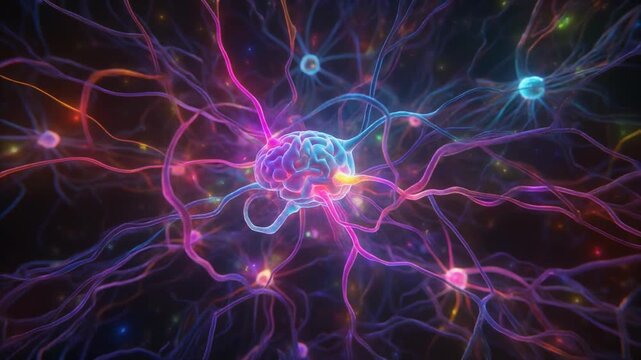 Vivid digital neural network glowing with colorful synaptic connections, central brain sphere radiating energy through branching filaments in dark space.