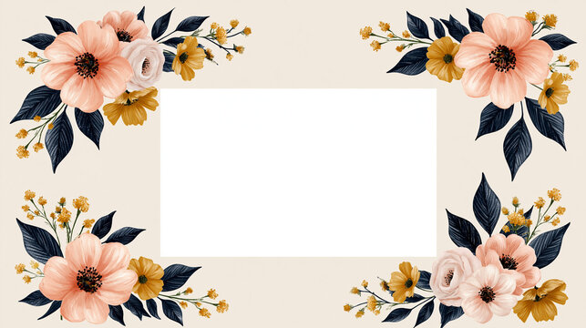 Floral border template with white copy space featuring hand painted peach roses and navy blue leaves.