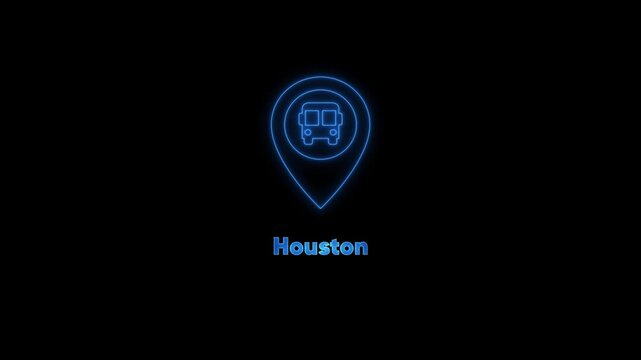 Houston bus transit neon map pin animation travel and public transportation concept texas