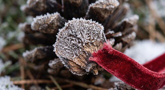 Frosted pinecone is decorated with a red velvet ribbon in the snow Winter holiday Christmas December 25
