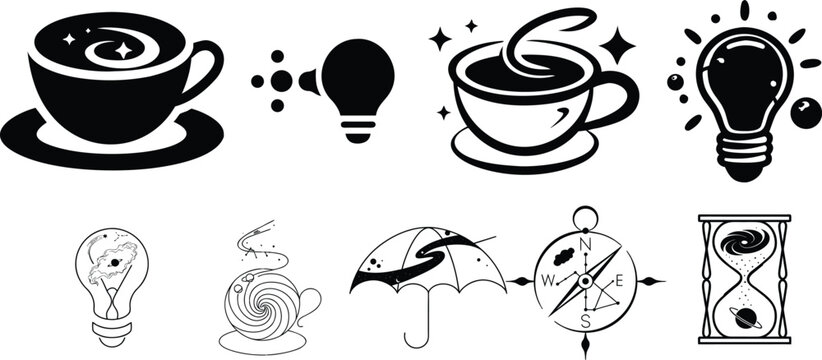 Set of creative silhouette featuring coffee and cosmic themes background
