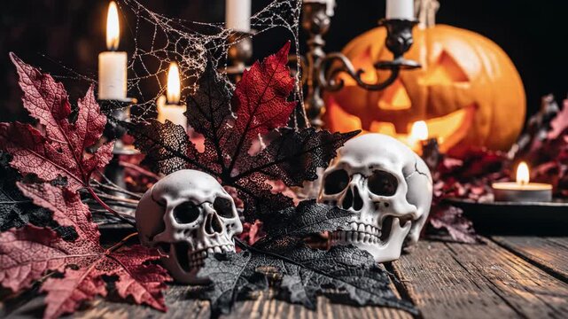 Halloween scene with skulls, red and black skeleton leaves, lit candles, spider webs, and a glowing jack-o-lantern on a dark wooden surface. High-detail seasonal decor.