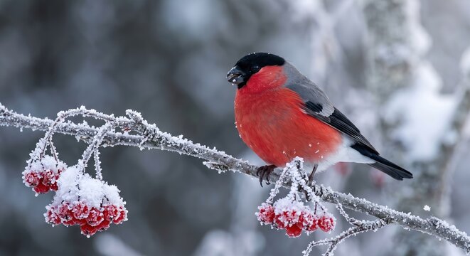 Male bullfinch perches on a frost-covered rowan branch while eating red berries Winter holiday Christmas December 25
