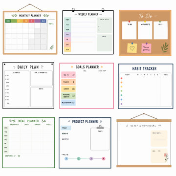 Hand drawn organizer pages for schedules goals habits meals projects notes and to do lists