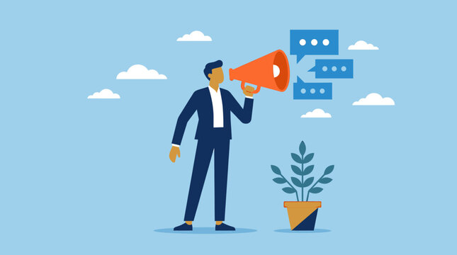 Communication Businessman Holding Megaphone with Speech Bubbles