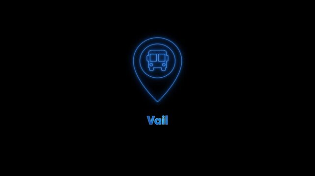 Vail bus station neon sign animation travel location pin and public transport concept desi