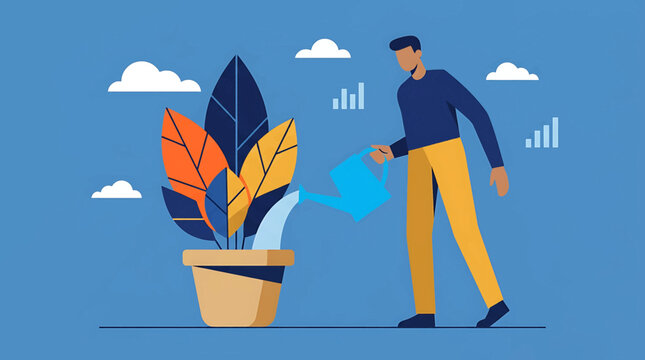 Growth Illustration Showing Man Watering Plant for Business Success