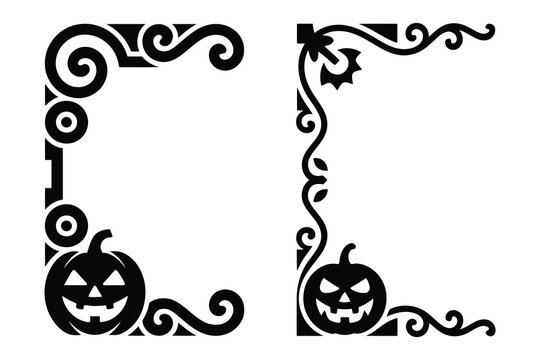 Halloween Swirl Corner Decorative Border elements, with Bats and Pumpkin silhouettes, elegant vines designed for invitation greeting cards

